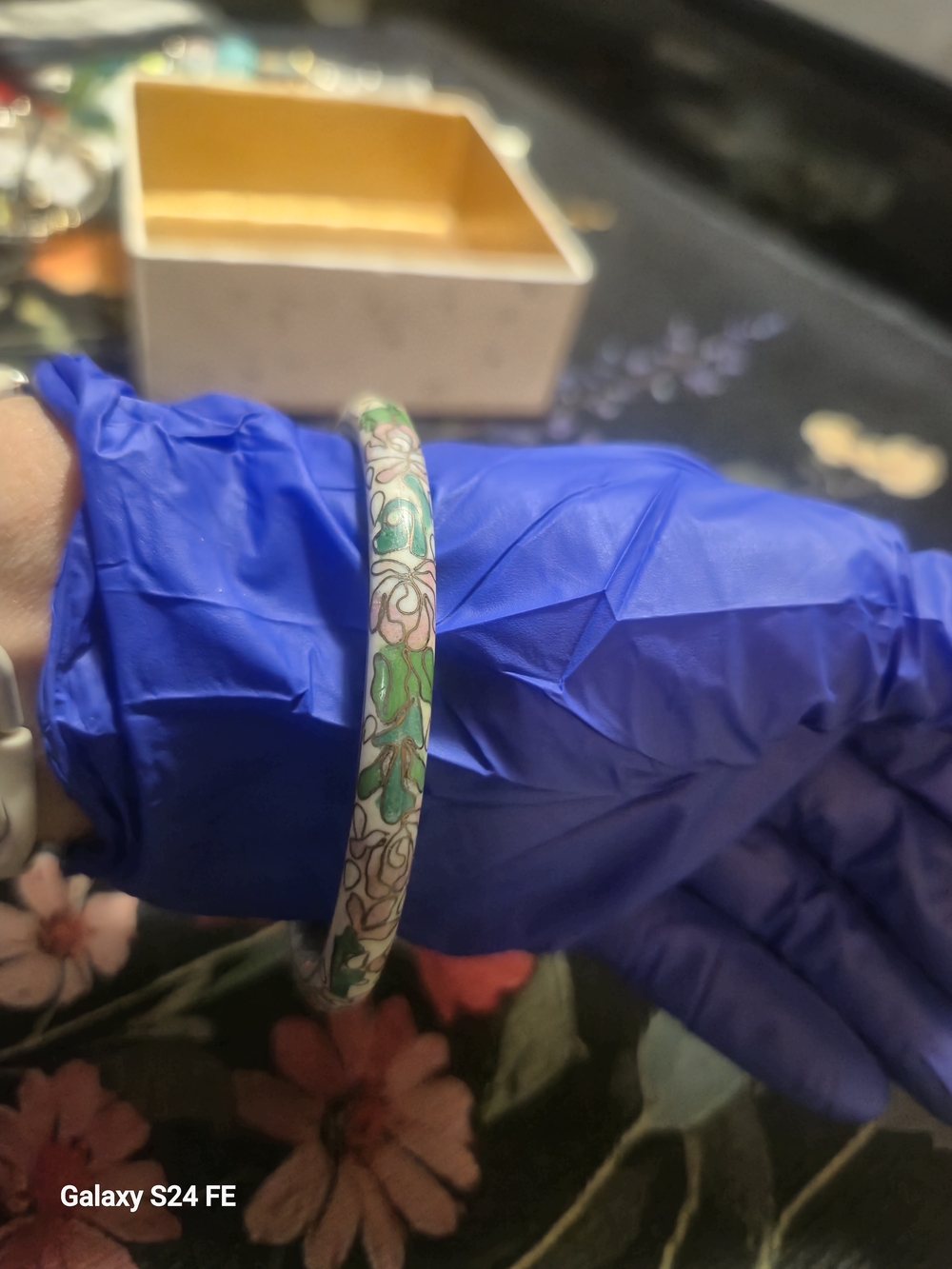 Floral Cloisonné Porcelain Bangle - Green & Pink Hand Painted.